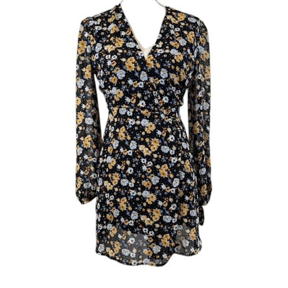 FIKA the Brand Black Floral Print Wrap Dress Sheer Back Tie Sleeves Size‎ Medium